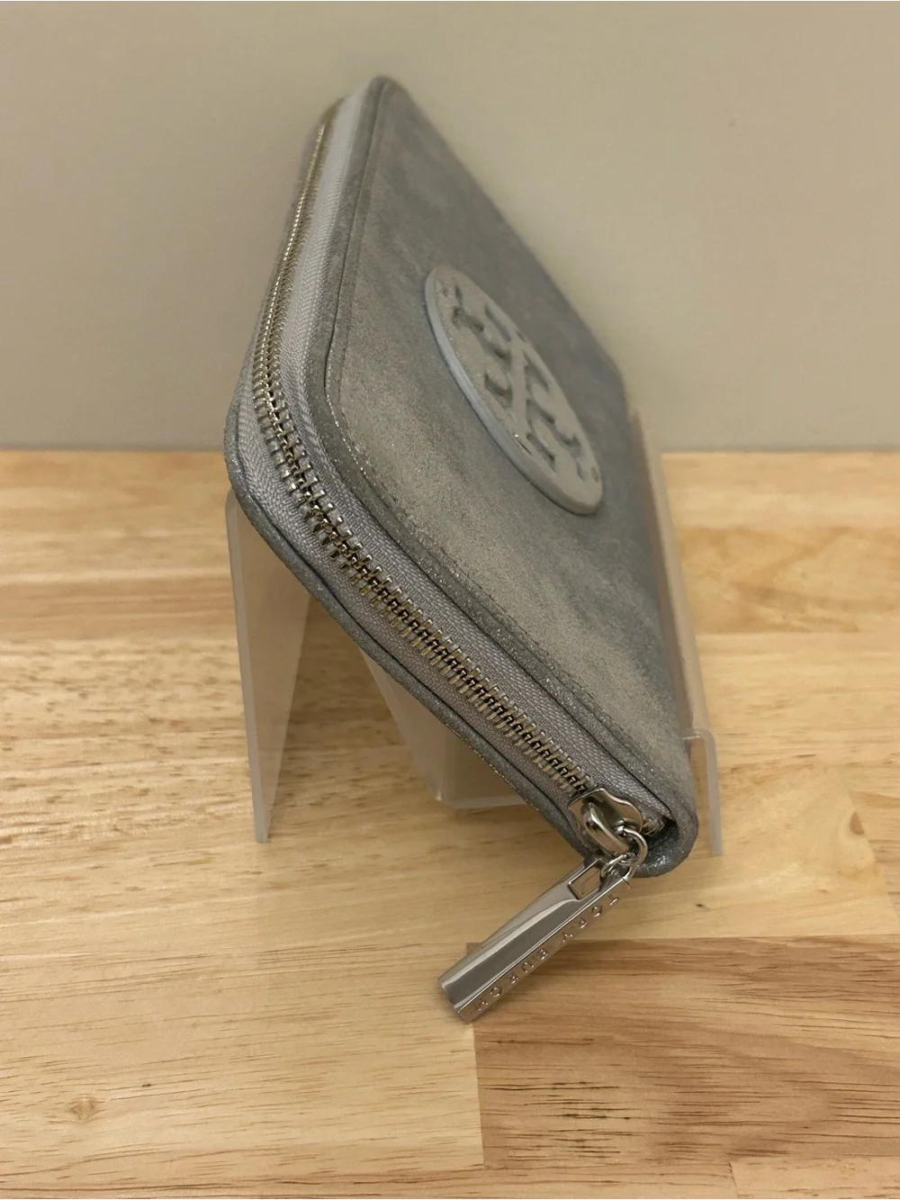 Tory Burch Silver Metallic Logo Zip Wallet